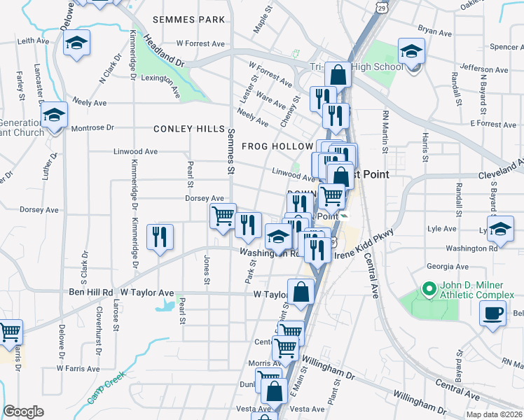 map of restaurants, bars, coffee shops, grocery stores, and more near 1739 Dorsey Avenue in East Point