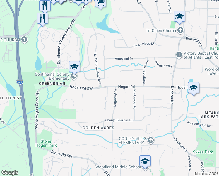 map of restaurants, bars, coffee shops, grocery stores, and more near 2960 Hogan Road in East Point
