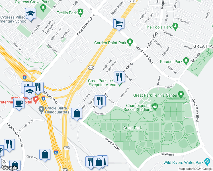 map of restaurants, bars, coffee shops, grocery stores, and more near 108 Copeland in Irvine