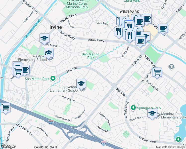 map of restaurants, bars, coffee shops, grocery stores, and more near 16 Salerno in Irvine