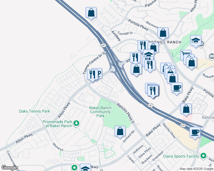 map of restaurants, bars, coffee shops, grocery stores, and more near 400 Sunflower in Lake Forest