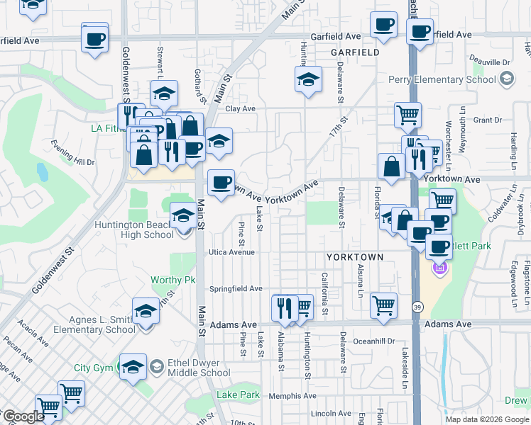 map of restaurants, bars, coffee shops, grocery stores, and more near 1970 Lake Street in Huntington Beach