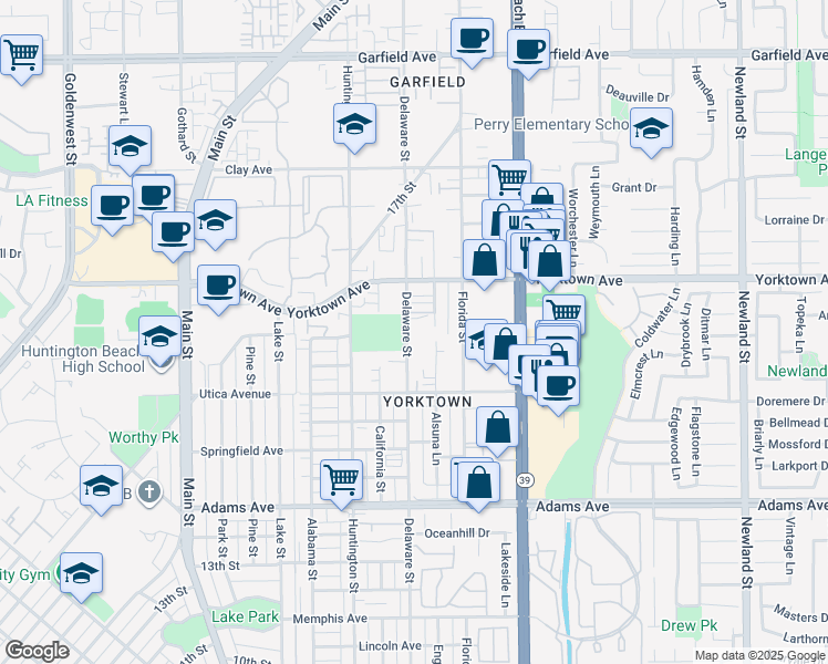 map of restaurants, bars, coffee shops, grocery stores, and more near 2312 Delaware Street in Huntington Beach