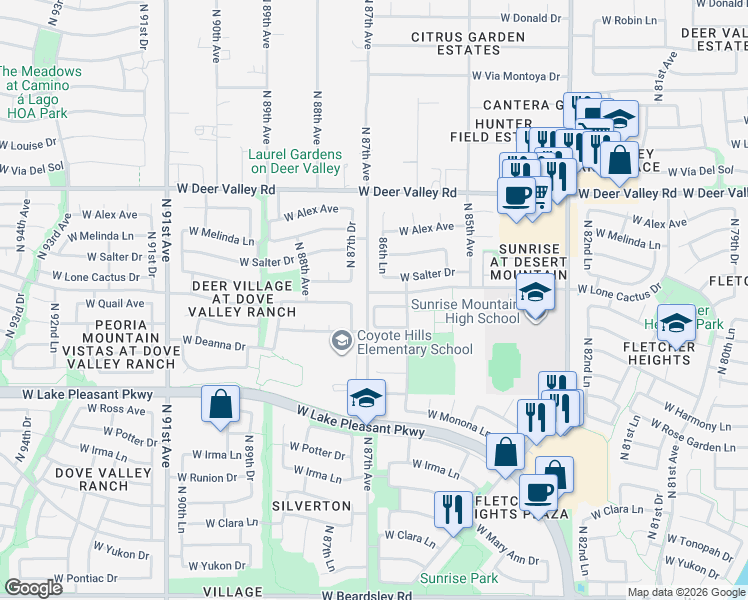 map of restaurants, bars, coffee shops, grocery stores, and more near 8672 West Adam Avenue in Peoria