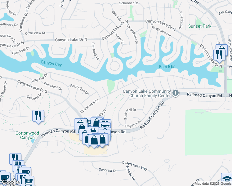 map of restaurants, bars, coffee shops, grocery stores, and more near 23417 Continental Drive in Canyon Lake