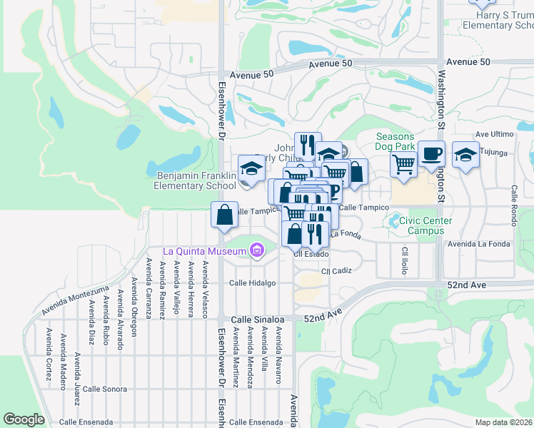 map of restaurants, bars, coffee shops, grocery stores, and more near Avenue Villa in La Quinta