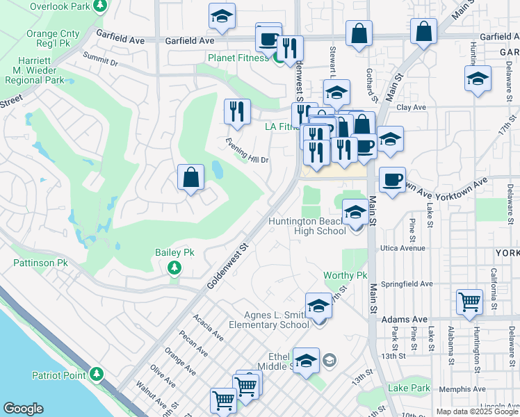 map of restaurants, bars, coffee shops, grocery stores, and more near 6885 Cambria Cove Circle in Huntington Beach