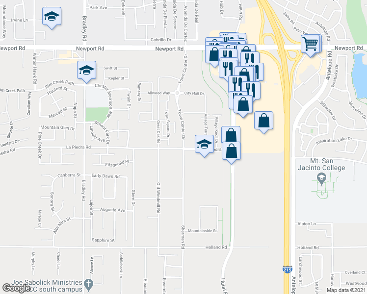 map of restaurants, bars, coffee shops, grocery stores, and more near 30499 Sherman Road in Menifee