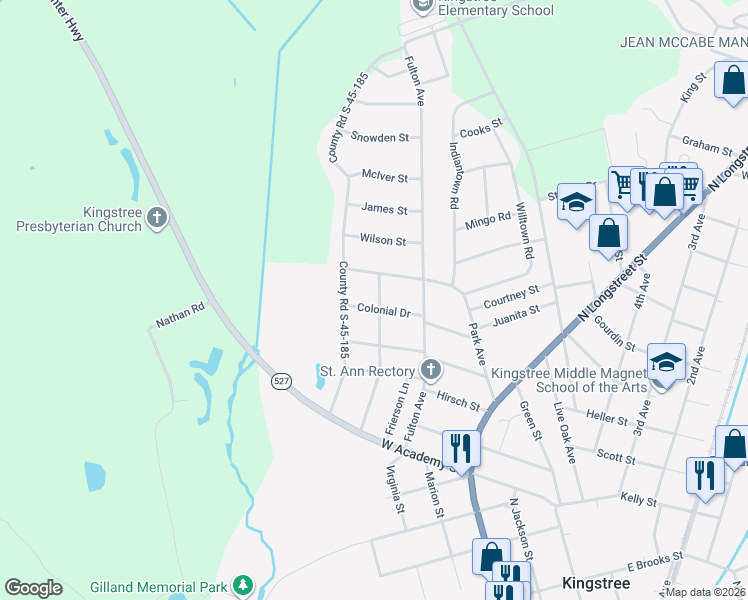 map of restaurants, bars, coffee shops, grocery stores, and more near 311 Colonial Drive in Kingstree