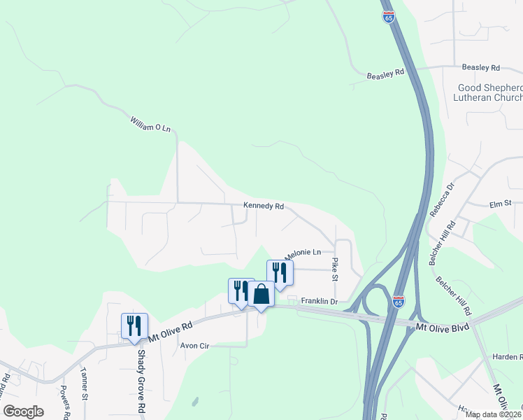 map of restaurants, bars, coffee shops, grocery stores, and more near 597 Kennedy Road in Gardendale