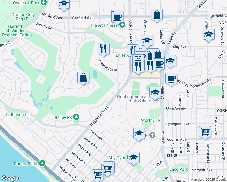 map of restaurants, bars, coffee shops, grocery stores, and more near 6885 Cambria Cove Circle in Huntington Beach