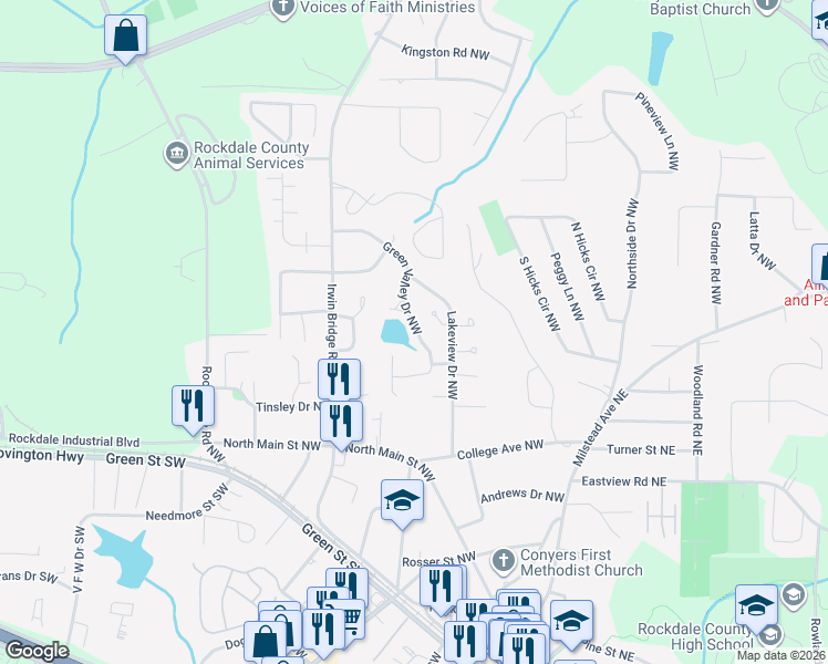 map of restaurants, bars, coffee shops, grocery stores, and more near 1019 Green Valley Drive Northwest in Conyers