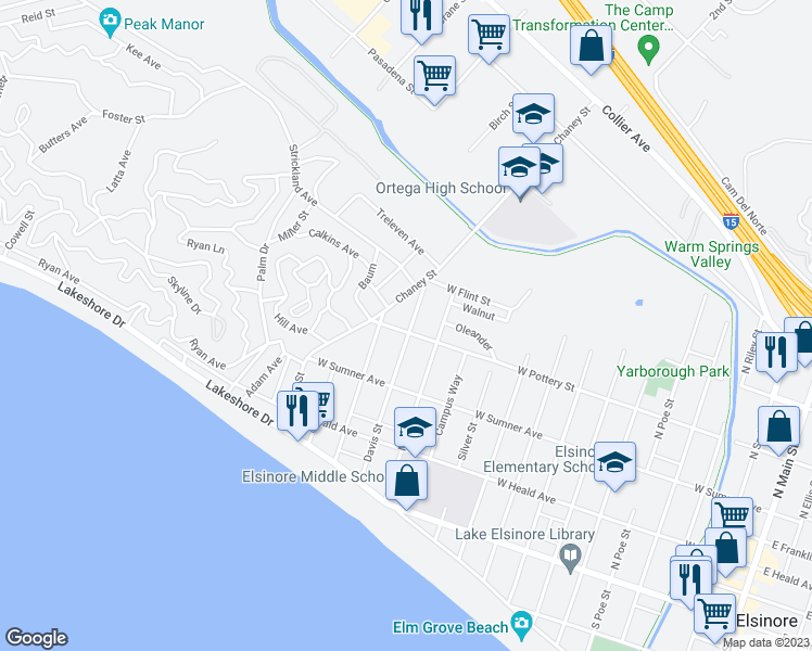 map of restaurants, bars, coffee shops, grocery stores, and more near 1401 West Pottery Street in Lake Elsinore