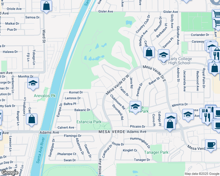map of restaurants, bars, coffee shops, grocery stores, and more near 3007 Club House Circle in Costa Mesa