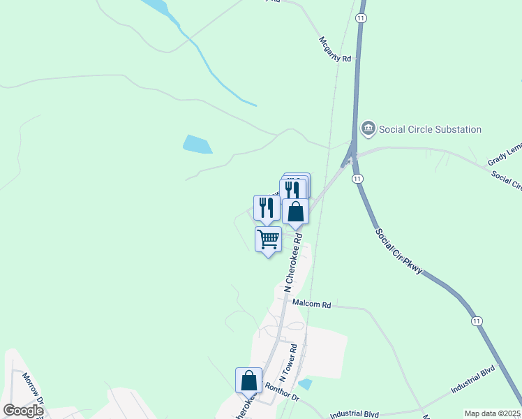 map of restaurants, bars, coffee shops, grocery stores, and more near 596 Meadows Lane in Social Circle