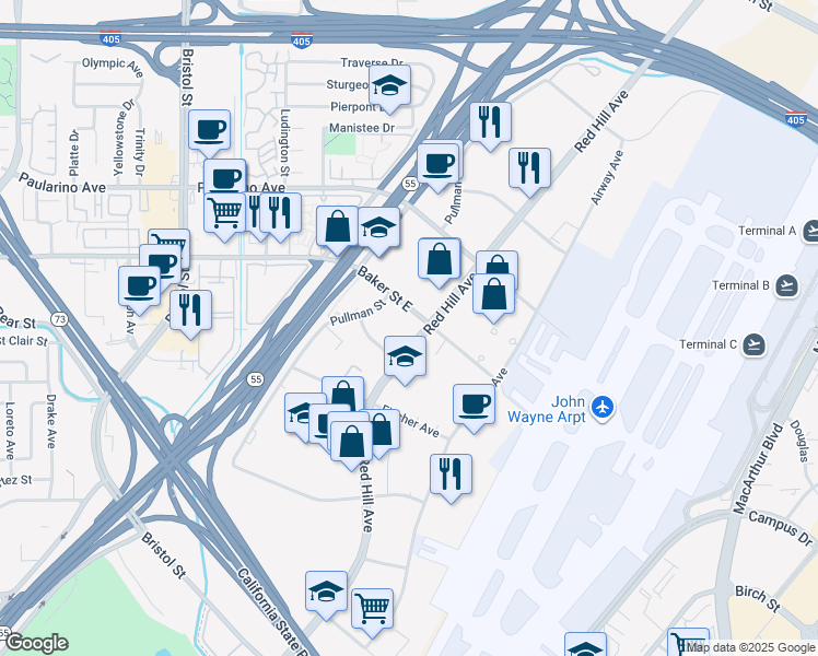 map of restaurants, bars, coffee shops, grocery stores, and more near 235 Baker St E in Costa Mesa