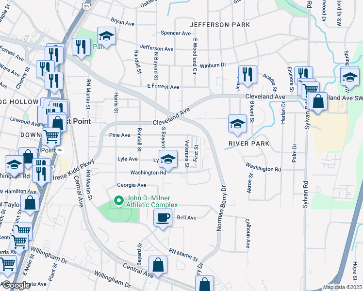 map of restaurants, bars, coffee shops, grocery stores, and more near 1253 Gus Thornhill Junior Drive in East Point