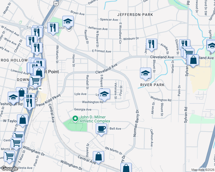 map of restaurants, bars, coffee shops, grocery stores, and more near 1277 Gus Thornhill Junior Drive in East Point