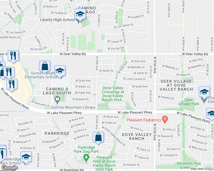 map of restaurants, bars, coffee shops, grocery stores, and more near 9450 West Albert Lane in Peoria