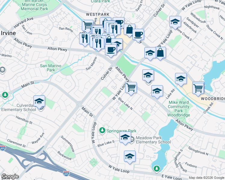map of restaurants, bars, coffee shops, grocery stores, and more near in Irvine