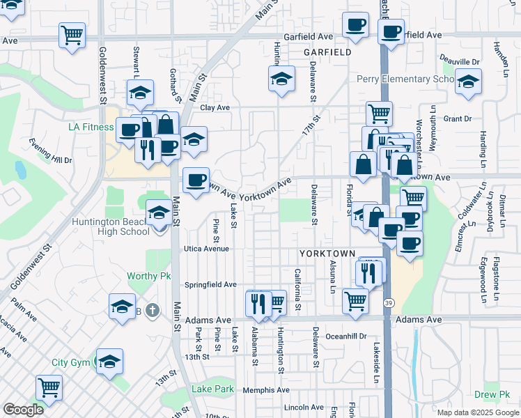 map of restaurants, bars, coffee shops, grocery stores, and more near 215 Wichita Avenue in Huntington Beach