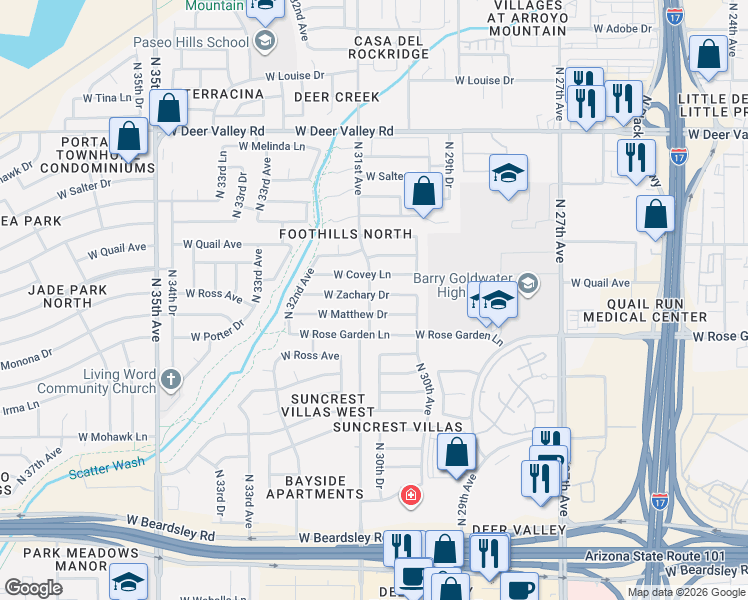 map of restaurants, bars, coffee shops, grocery stores, and more near 3034 West Zachary Drive in Phoenix