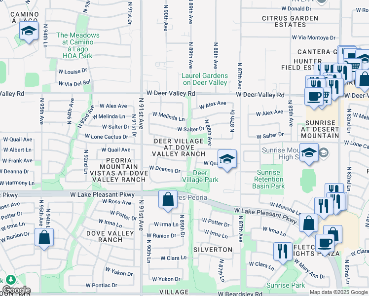 map of restaurants, bars, coffee shops, grocery stores, and more near 8907 West Lone Cactus Drive in Peoria