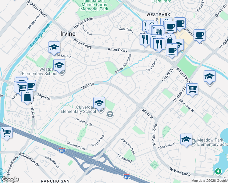 map of restaurants, bars, coffee shops, grocery stores, and more near 17 Salerno in Irvine