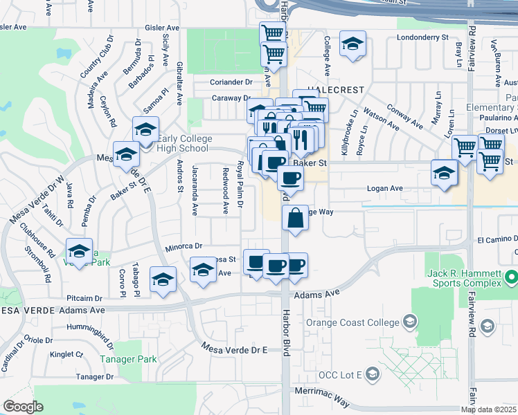 map of restaurants, bars, coffee shops, grocery stores, and more near 2940 Peppertree Lane in Costa Mesa