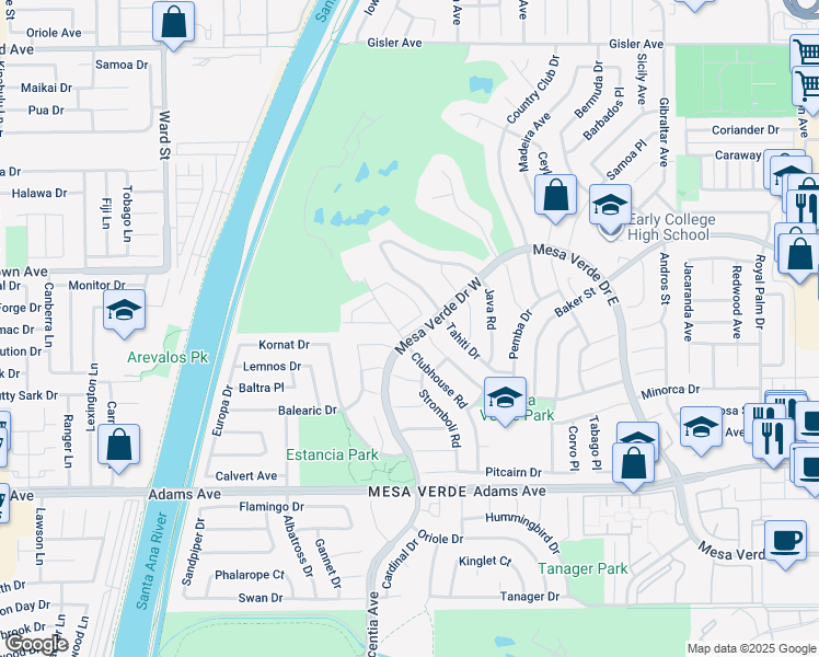 map of restaurants, bars, coffee shops, grocery stores, and more near 3007 Club House Circle in Costa Mesa