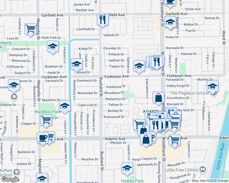 map of restaurants, bars, coffee shops, grocery stores, and more near 9642 Innsbruck Drive in Huntington Beach