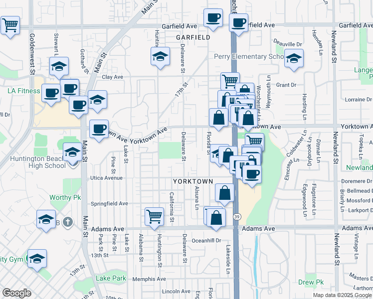 map of restaurants, bars, coffee shops, grocery stores, and more near 2312 Delaware Street in Huntington Beach