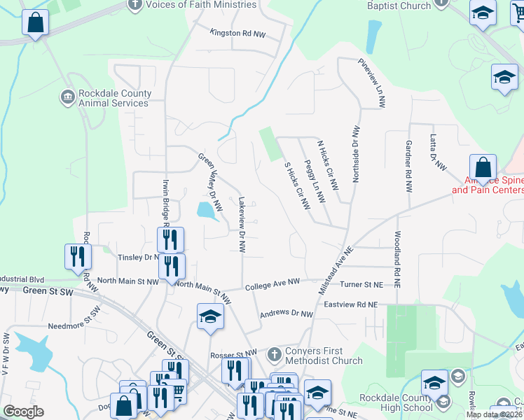 map of restaurants, bars, coffee shops, grocery stores, and more near 1113 McCords Corner Northwest in Conyers
