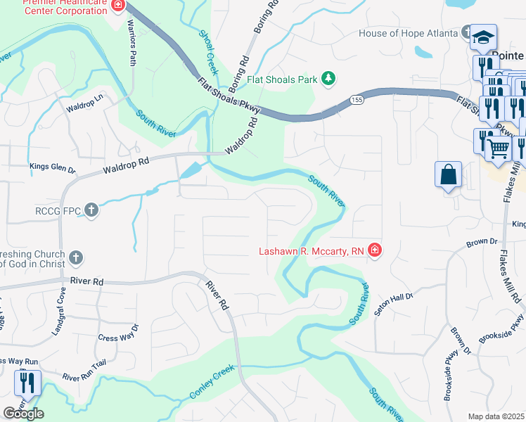 map of restaurants, bars, coffee shops, grocery stores, and more near 4151 Waldrop Hills Terrace in Decatur