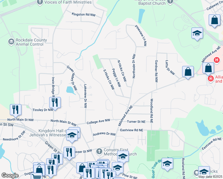 map of restaurants, bars, coffee shops, grocery stores, and more near 1296 South Hicks Circle Northwest in Conyers
