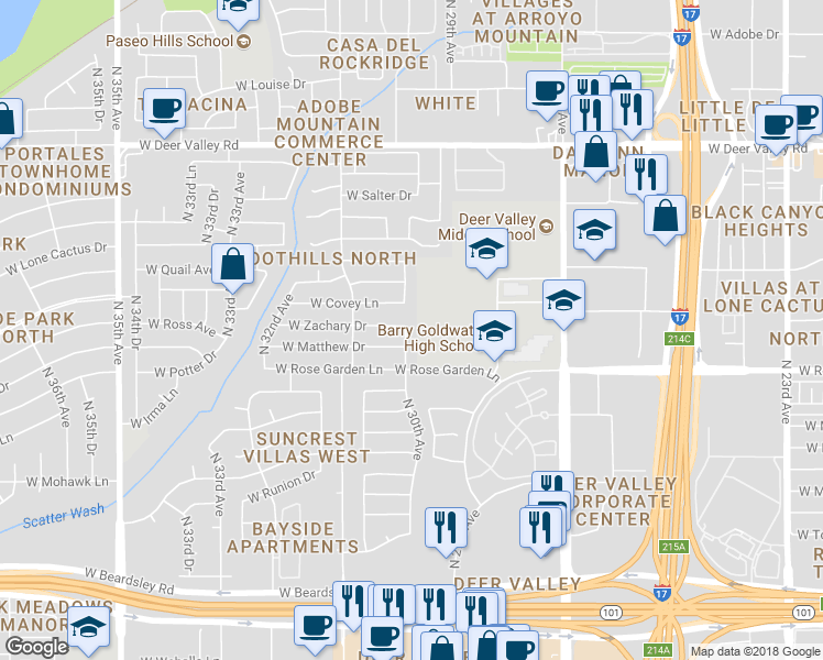 map of restaurants, bars, coffee shops, grocery stores, and more near 21039 North 30th Avenue in Phoenix
