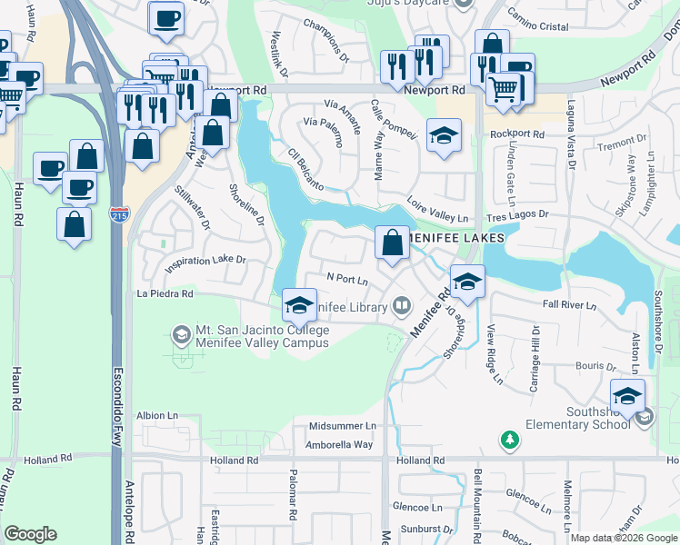 map of restaurants, bars, coffee shops, grocery stores, and more near 28615 Sand Island Way in Menifee
