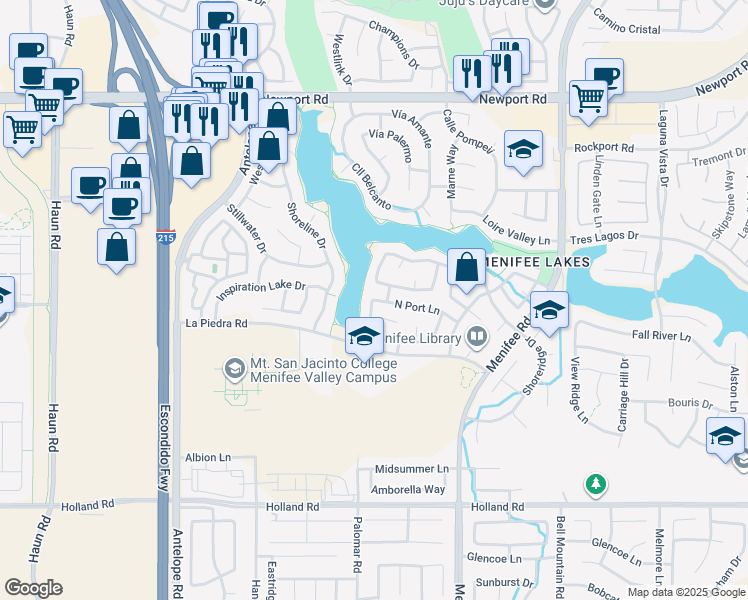 map of restaurants, bars, coffee shops, grocery stores, and more near 28530 North Port Lane in Menifee