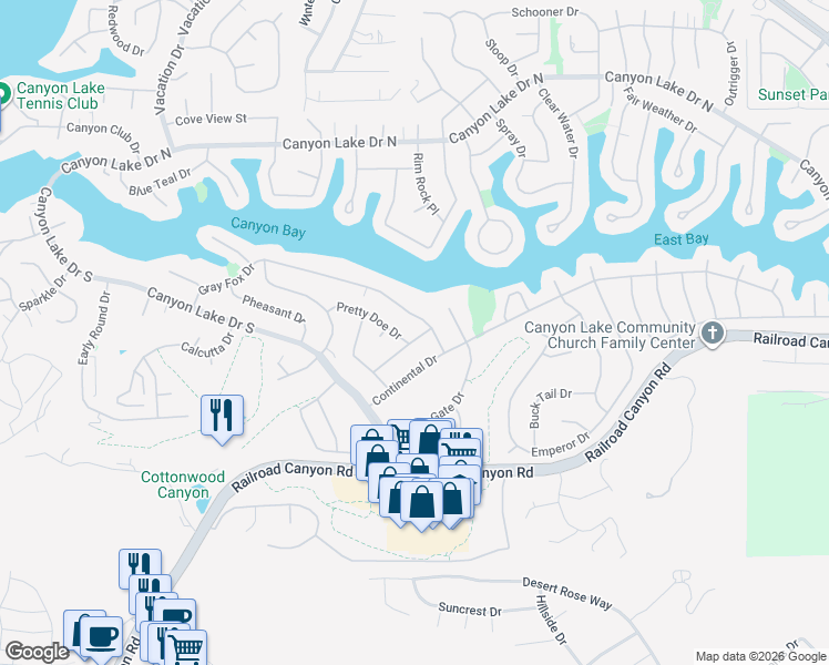 map of restaurants, bars, coffee shops, grocery stores, and more near 30517 Sparrow Hawk Drive in Canyon Lake