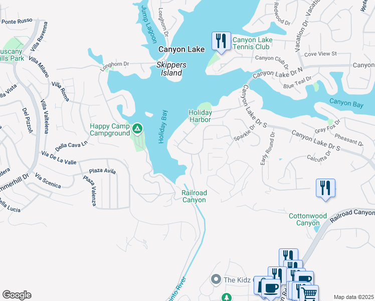 map of restaurants, bars, coffee shops, grocery stores, and more near 22066 Loch Lomond Drive in Canyon Lake