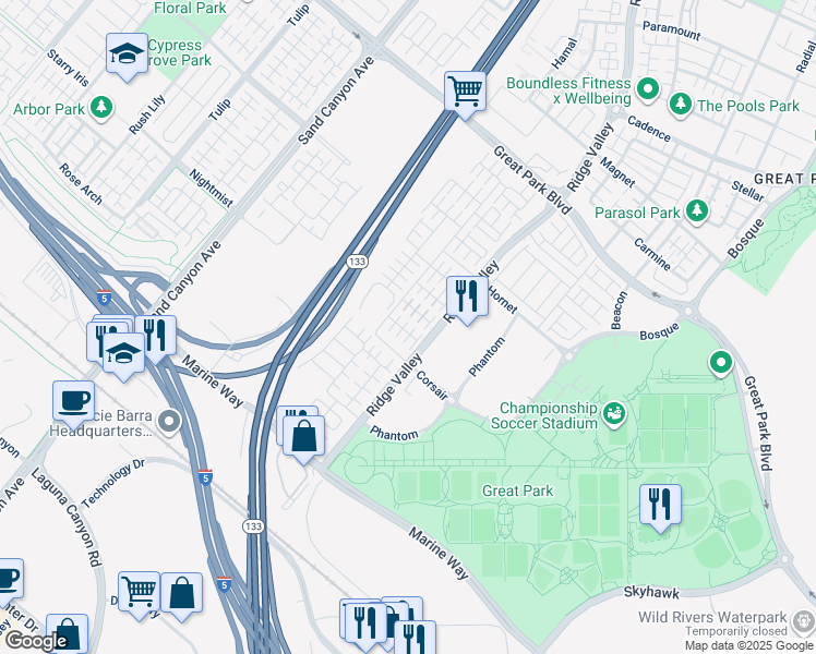 map of restaurants, bars, coffee shops, grocery stores, and more near 122 Copeland in Irvine