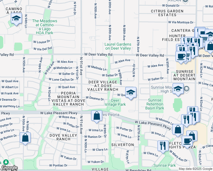 map of restaurants, bars, coffee shops, grocery stores, and more near 8907 West Lone Cactus Drive in Peoria
