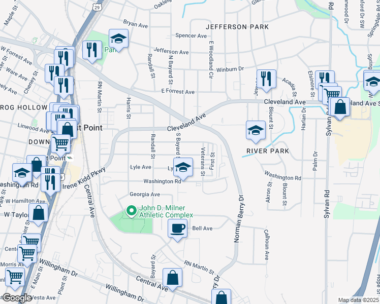 map of restaurants, bars, coffee shops, grocery stores, and more near 1271 Gus Thornhill in East Point