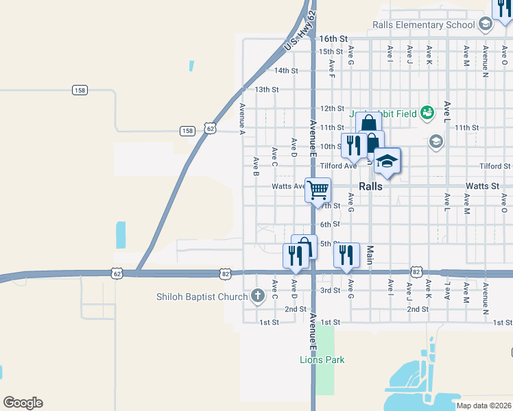 map of restaurants, bars, coffee shops, grocery stores, and more near Avenue B in Ralls
