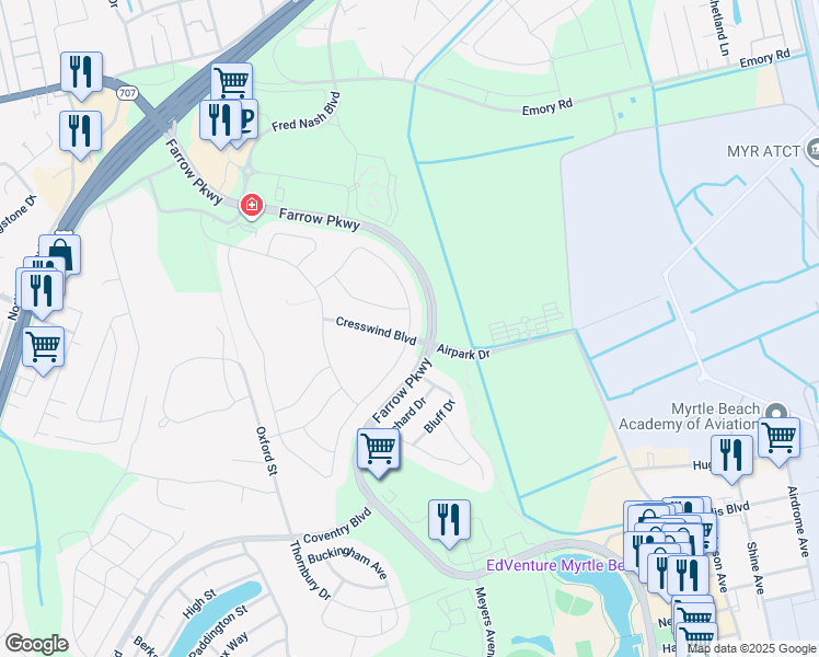 map of restaurants, bars, coffee shops, grocery stores, and more near 1548 Suncrest Drive in Myrtle Beach
