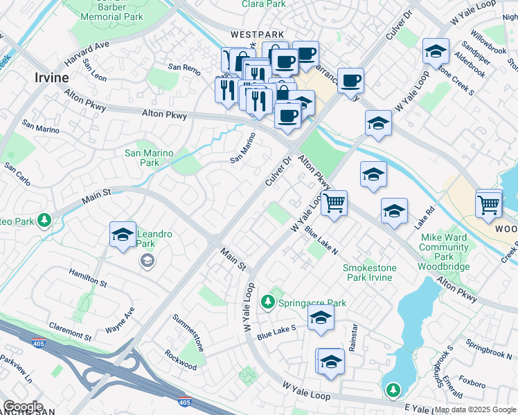 map of restaurants, bars, coffee shops, grocery stores, and more near 22 Windjammer in Irvine
