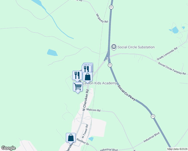 map of restaurants, bars, coffee shops, grocery stores, and more near 1351-1393 North Cherokee Road in Social Circle