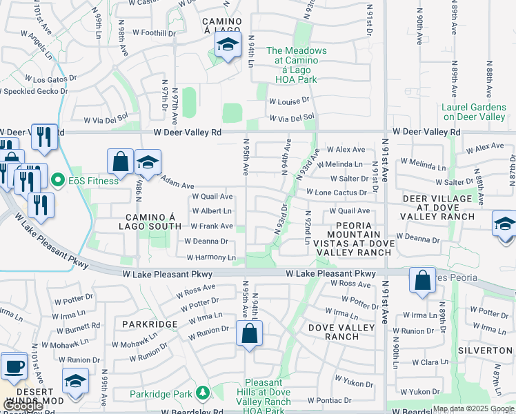 map of restaurants, bars, coffee shops, grocery stores, and more near 9466 W Albert Ln in Peoria
