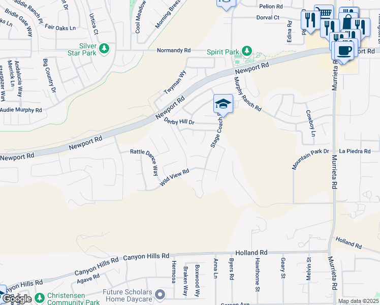 map of restaurants, bars, coffee shops, grocery stores, and more near 30475 Dapple Grey Way in Menifee