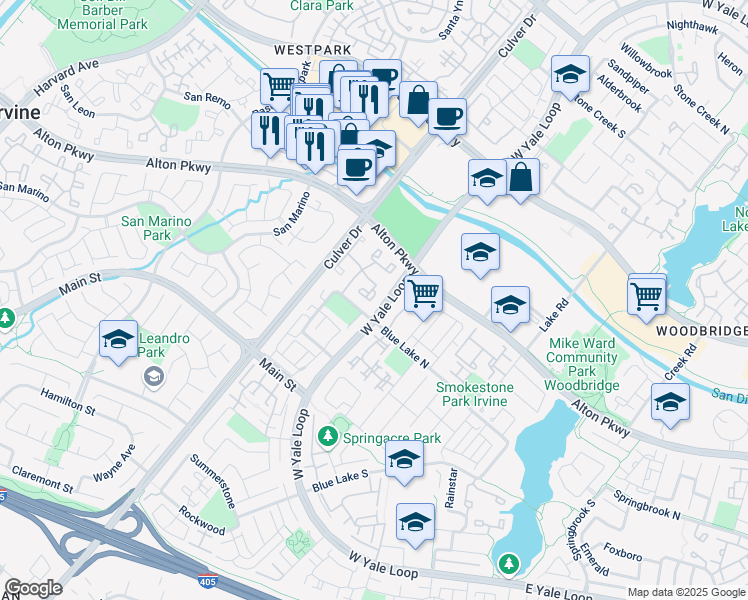 map of restaurants, bars, coffee shops, grocery stores, and more near in Irvine